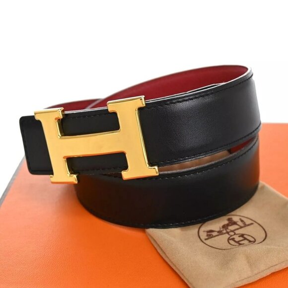 HERMES H Logo Constance Reversible Buckle Belt #70 Leather Black Red 72RH304 - Picture 1 of 12